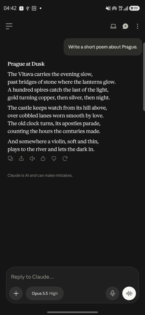 The Claude app on the phone showing a poem about Prague that Stitch asked for