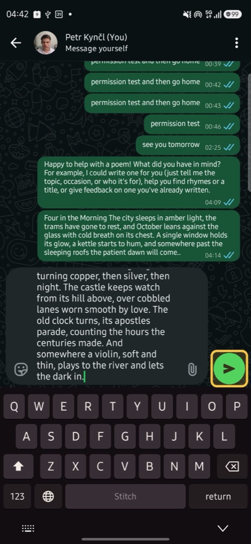 WhatsApp with the poem typed in and the send button marked while Stitch waits for permission
